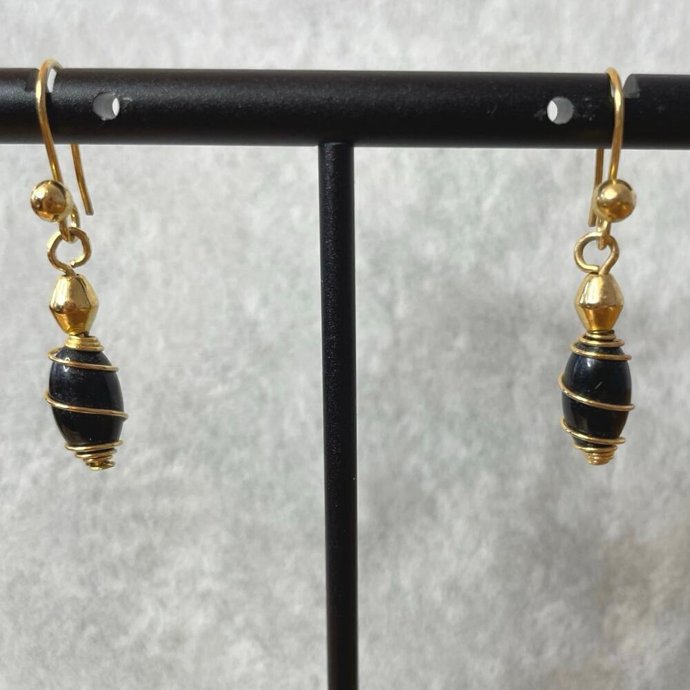 Vintage drop earrings black bead gold wire